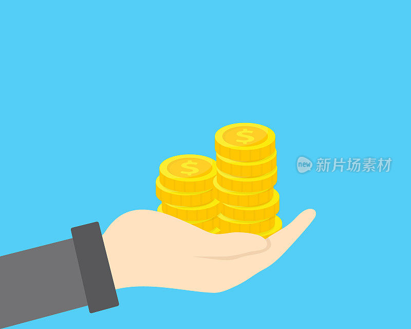 Hand with golden coins stack. Concept of savings, donation, paying illustration.